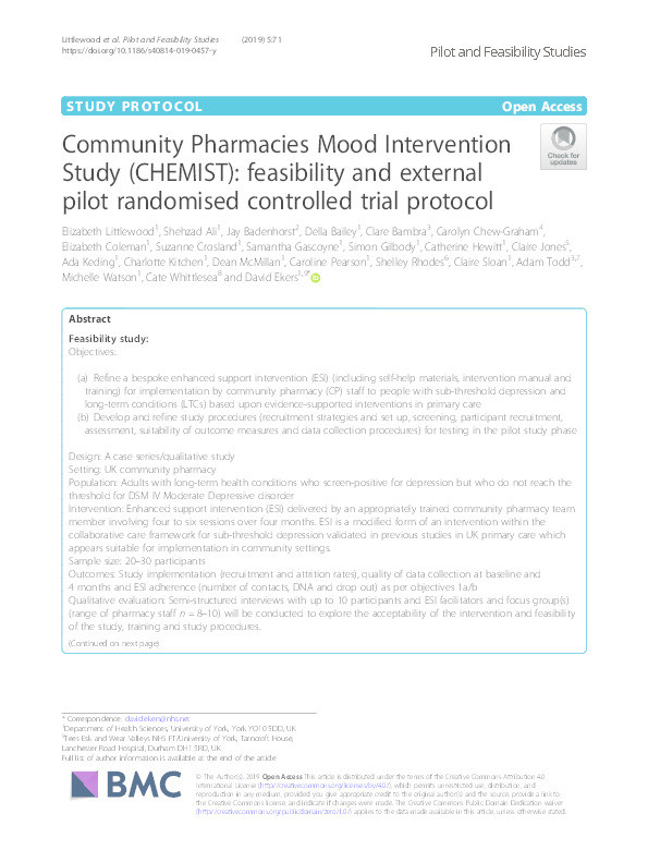Community Pharmacies Mood Intervention Study (CHEMIST): feasibility and external pilot randomised controlled trial protocol. Thumbnail