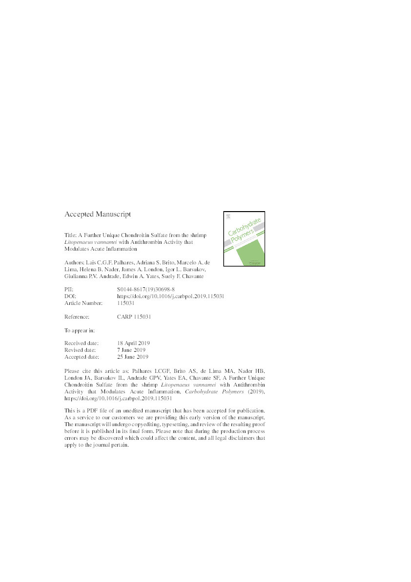 A Further Unique Chondroitin Sulfate from the shrimp Litopenaeus vannamei with Antithrombin Activity that Modulates Acute Inflammation Thumbnail