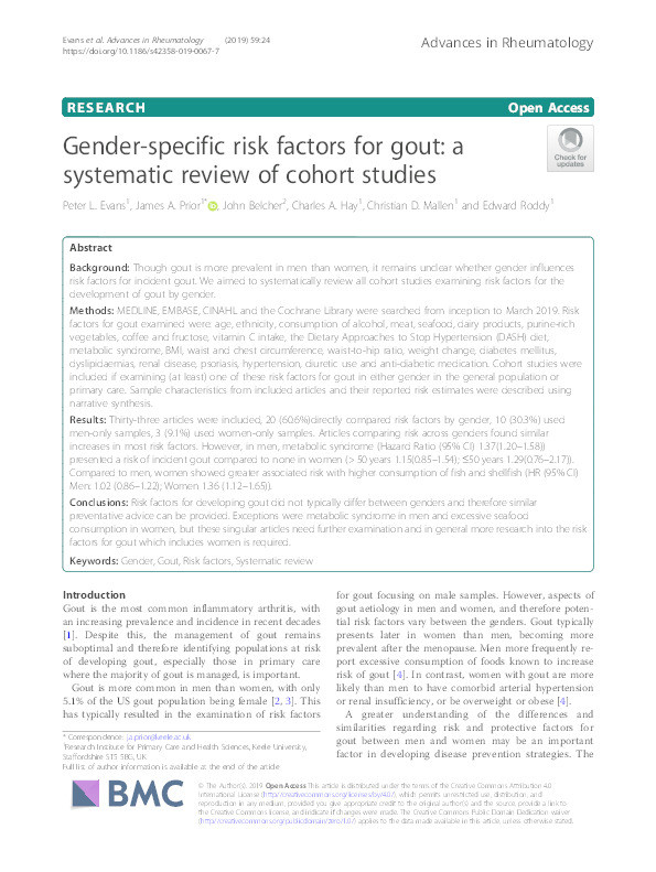 Gender-specific risk factors for gout: a systematic review of cohort studies Thumbnail