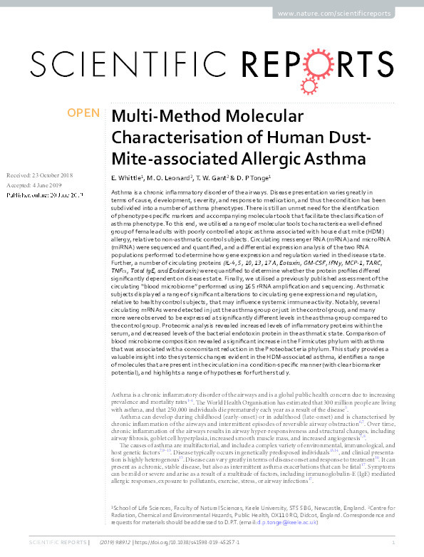 Multi-Method Molecular Characterisation of Human Dust-Mite-associated Allergic Asthma Thumbnail