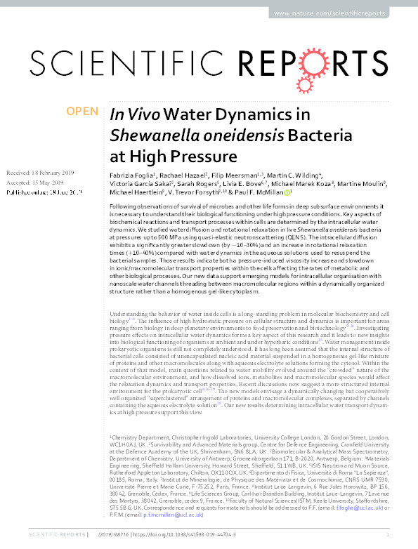 In Vivo Water Dynamics in Shewanella oneidensis Bacteria at High Pressure. Thumbnail