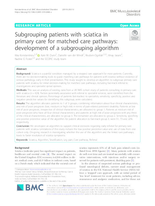 Subgrouping patients with sciatica in primary care for matched care pathways: development of a subgrouping algorithm Thumbnail
