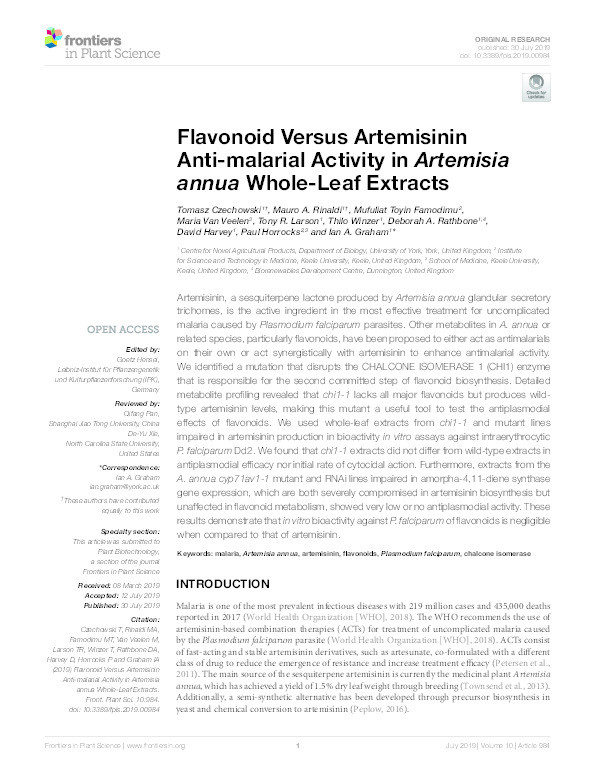 Flavonoid versus artemisinin anti-malarial activity in Artemisia annua whole-leaf extracts Thumbnail