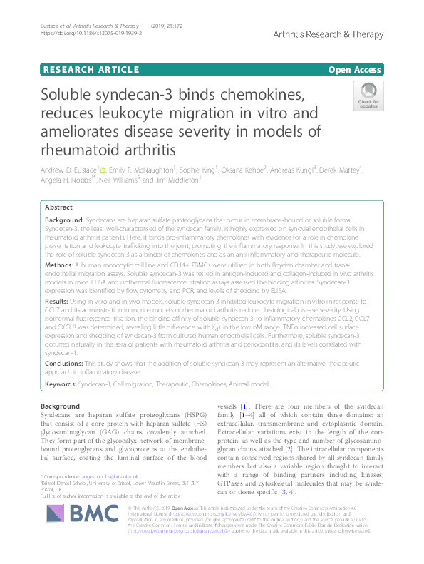 Soluble syndecan-3 binds chemokines, reduces leukocyte migration in vitro and ameliorates disease severity in models of rheumatoid arthritis Thumbnail
