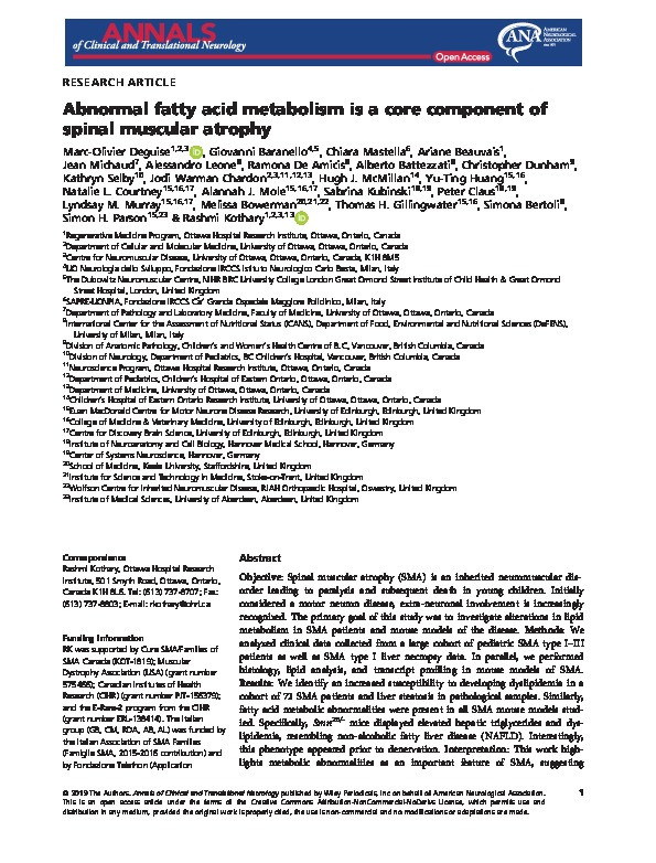 Abnormal fatty acid metabolism is a core component of spinal muscular atrophy Thumbnail