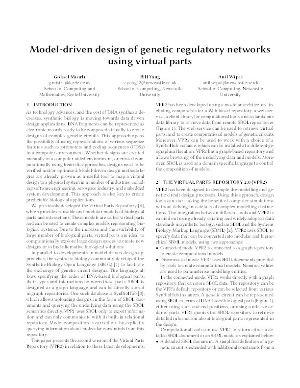 Model-driven design of genetic regulatory networks using virtual parts Thumbnail