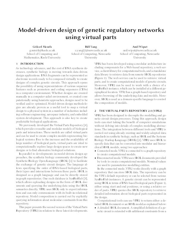 Model-driven design of genetic regulatory networks using virtual parts Thumbnail
