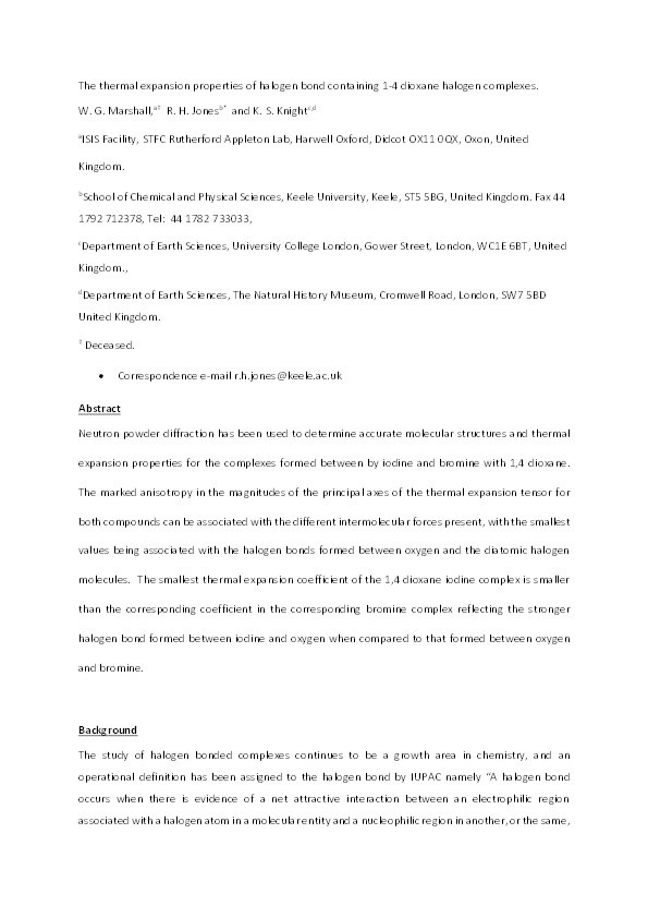 The thermal expansion properties of halogen bond containing 1-4 dioxane halogen complexes. Thumbnail