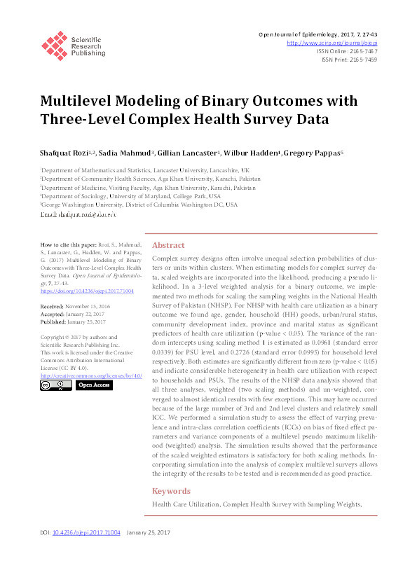 Multilevel Modeling of Binary Outcomes with Three-Level Complex Health Survey Data Thumbnail