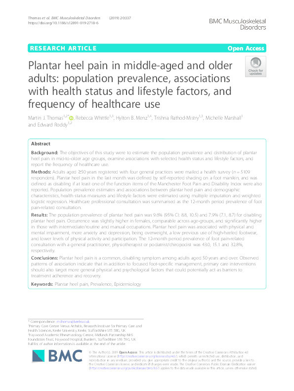 Plantar heel pain in middle-aged and older adults: Population prevalence, associations with health status and lifestyle factors, and frequency of healthcare use Thumbnail