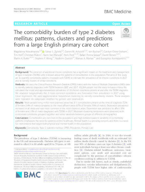 The comorbidity burden of type 2 diabetes mellitus: patterns, clusters and predictions from a large English primary care cohort. Thumbnail
