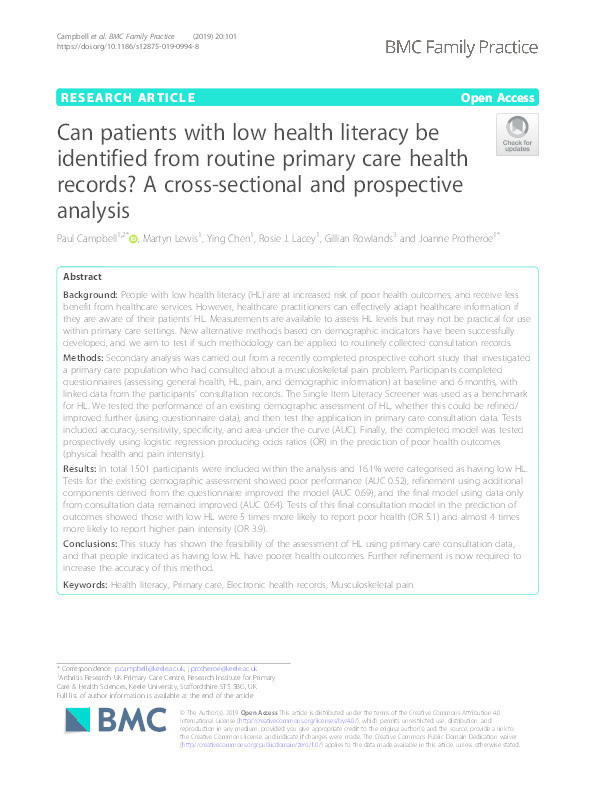 Can patients with low health literacy be identified from routine primary care health records? A cross-sectional and prospective analysis. Thumbnail
