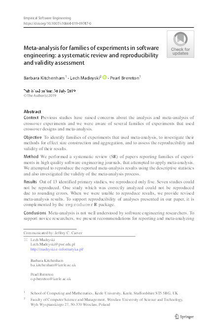 Meta-analysis for families of experiments in software engineering: a systematic review and reproducibility and validity assessment Thumbnail