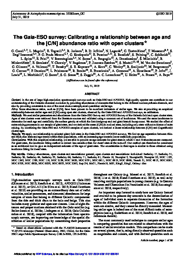 The Gaia-ESO survey: Calibrating the relationship between Age and the [C/N] abundance ratio with open clusters Thumbnail