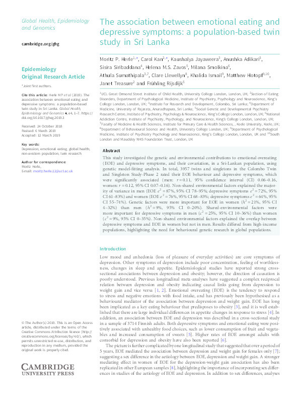 The association between emotional eating and depressive symptoms: a population-based twin study in Sri Lanka Thumbnail