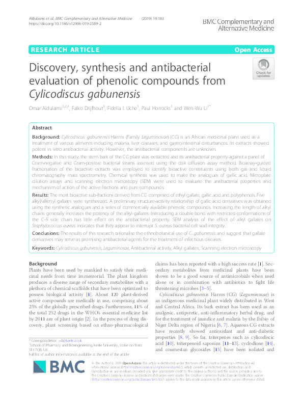Discovery, synthesis and antibacterial evaluation of phenolic compounds from Cylicodiscus gabunensis Thumbnail
