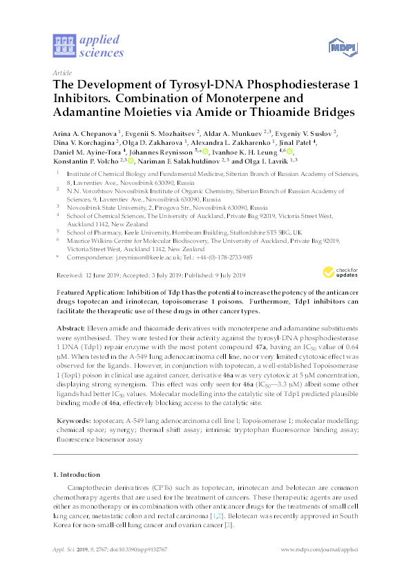 The Development of Tyrosyl-DNA Phosphodiesterase 1 Inhibitors. Combination of Monoterpene and Adamantine Moieties via Amide or Thioamide Bridges Thumbnail