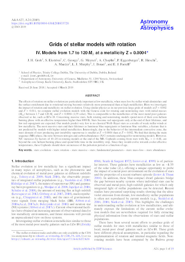 Grids of stellar models with rotation IV. Models from 1.7 to 120 M-circle dot at a metallicity Z=0.0004 Thumbnail