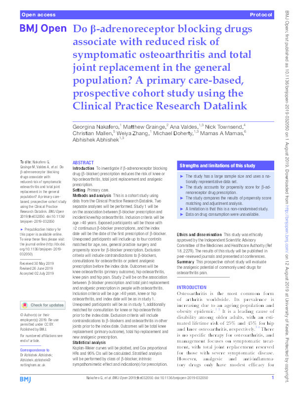 Do ß-adrenoreceptor blocking drugs associate with reduced risk of symptomatic osteoarthritis and total joint replacement in the general population? A primary care-based, prospective cohort study using the Clinical Practice Research Datalink. Thumbnail