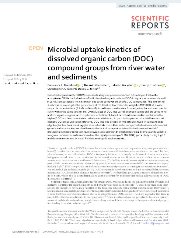 Microbial uptake kinetics of dissolved organic carbon (DOC) compound groups from river water and sediments. Thumbnail