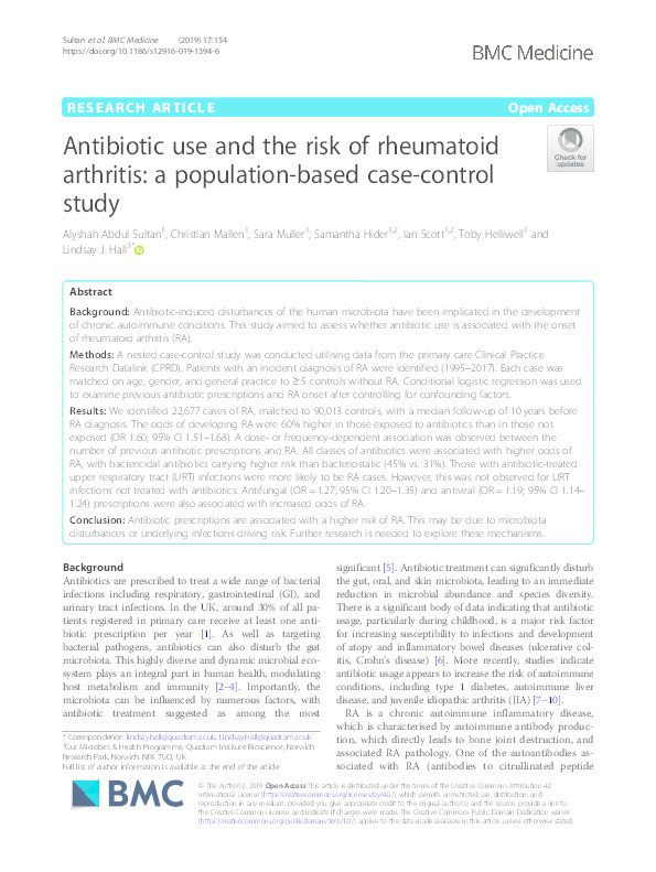 Antibiotic use and the risk of rheumatoid arthritis: a population-based case-control study Thumbnail