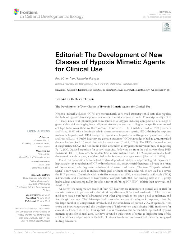 Editorial: The Development of New Classes of Hypoxia Mimetic Agents for Clinical Use. Thumbnail