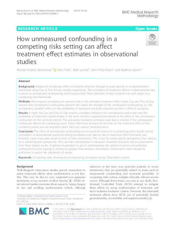 How unmeasured confounding in a competing risks setting can affect treatment effect estimates in observational studies Thumbnail