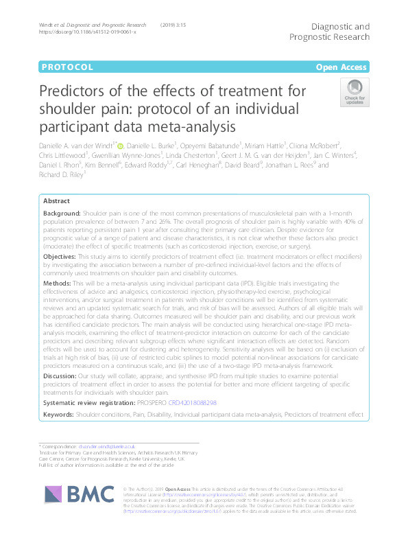 Predictors of the effects of treatment for shoulder pain: protocol of an individual participant data meta-analysis Thumbnail