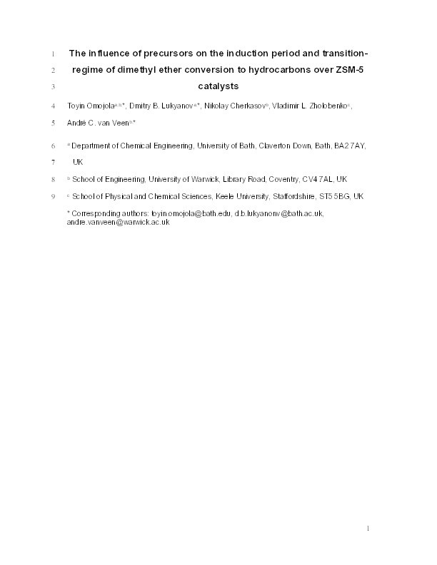 The influence of precursors on the induction period and transition-regime of dimethyl ether conversion to hydrocarbons over ZSM-5 catalysts Thumbnail