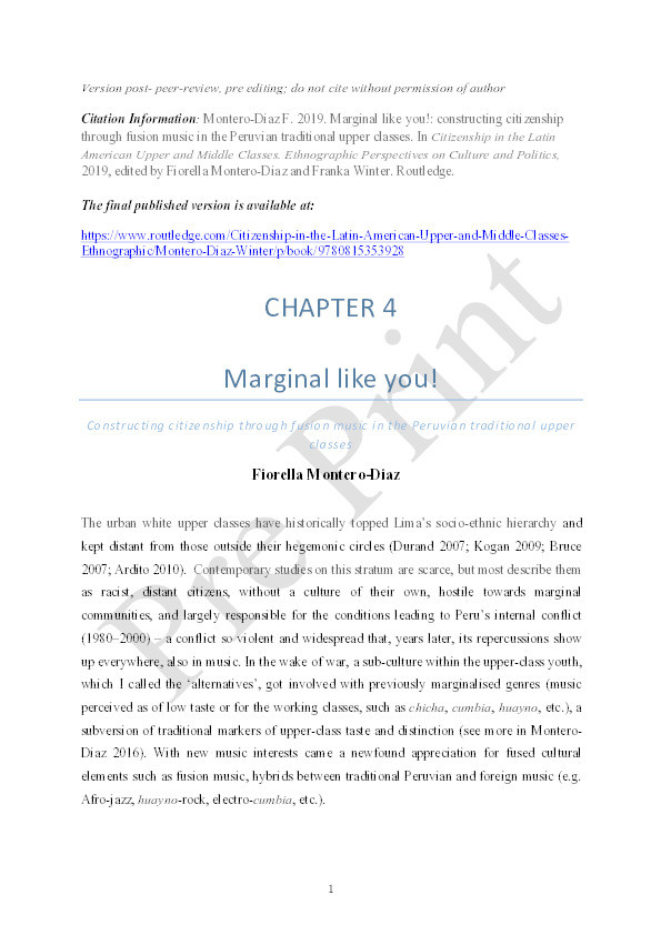 Marginal like you!: constructing citizenship through fusion music in the Peruvian traditional upper classes Thumbnail