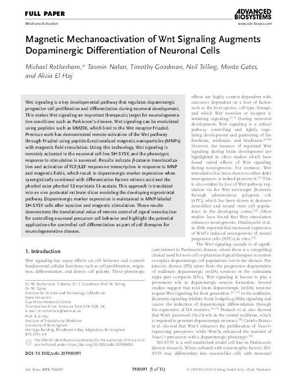 Magnetic Mechanoactivation of Wnt Signaling Augments Dopaminergic Differentiation of Neuronal Cells Thumbnail