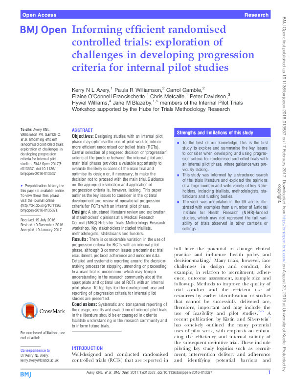 Informing efficient randomised controlled trials: exploration of challenges in developing progression criteria for internal pilot studies Thumbnail