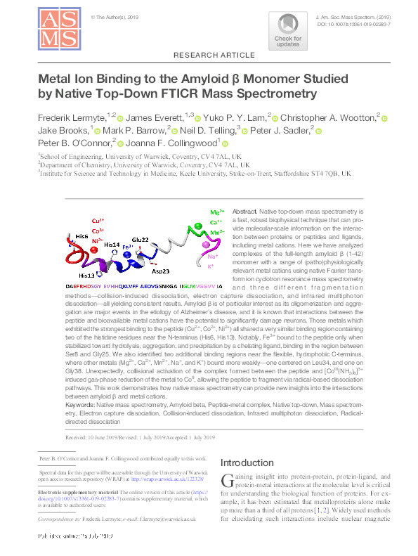 Metal Ion Binding to the Amyloid ß Monomer Studied by Native Top-Down FTICR Mass Spectrometry. Thumbnail