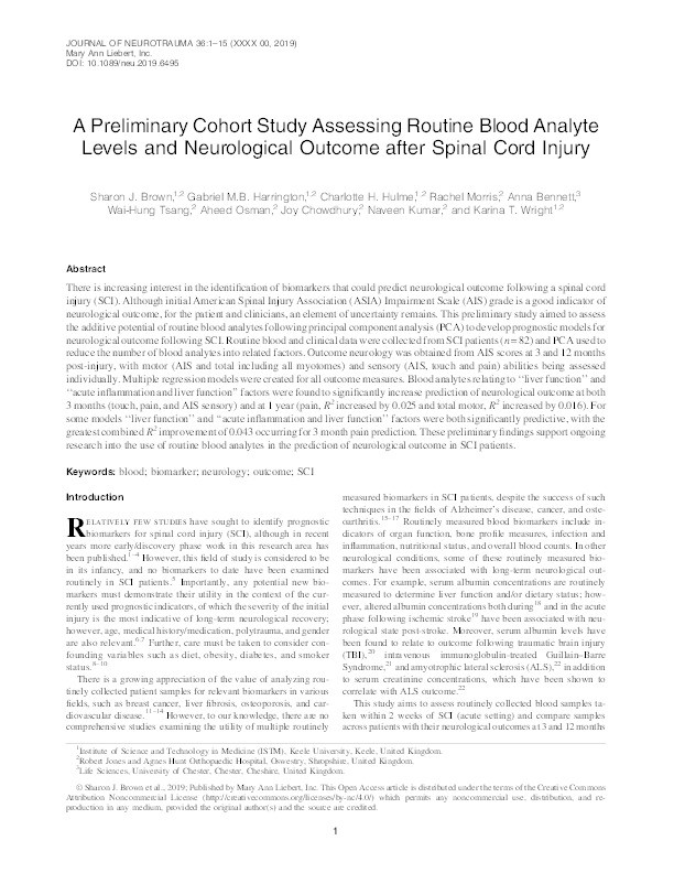 A Preliminary Cohort Study Assessing Routine Blood Analyte Levels and Neurological Outcome after Spinal Cord Injury. Thumbnail