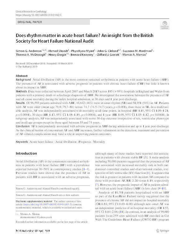 Does rhythm matter in acute heart failure? An insight from the British Society for Heart Failure National Audit. Thumbnail