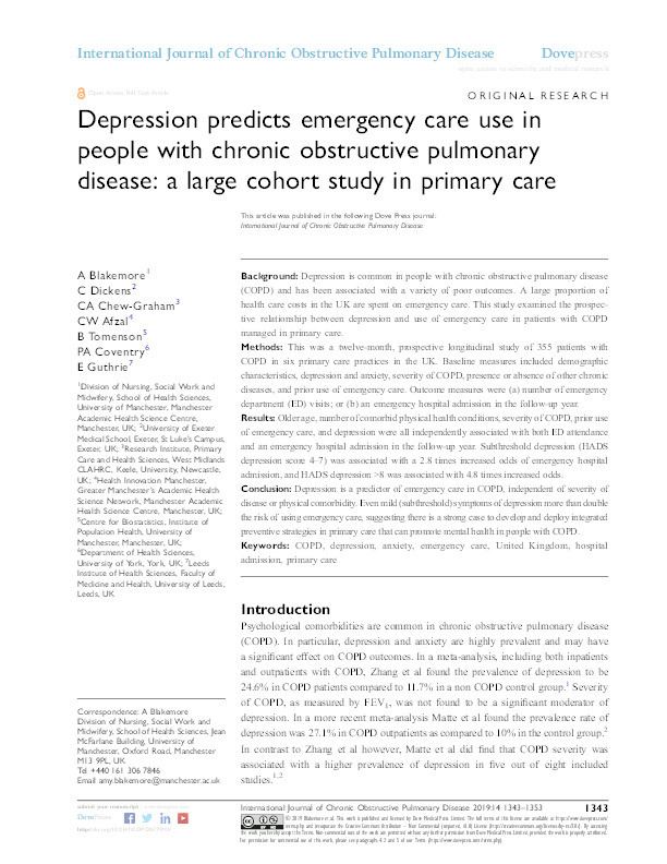 Depression predicts emergency care use in people with chronic obstructive pulmonary disease: a large cohort study in primary care. Thumbnail