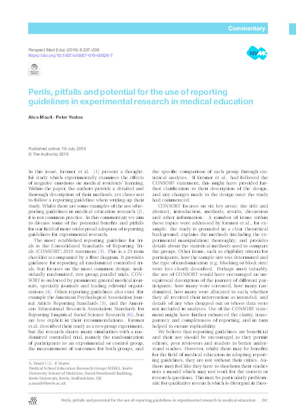 Perils, pitfalls and potential for the use of reporting guidelines in experimental research in medical education. Thumbnail