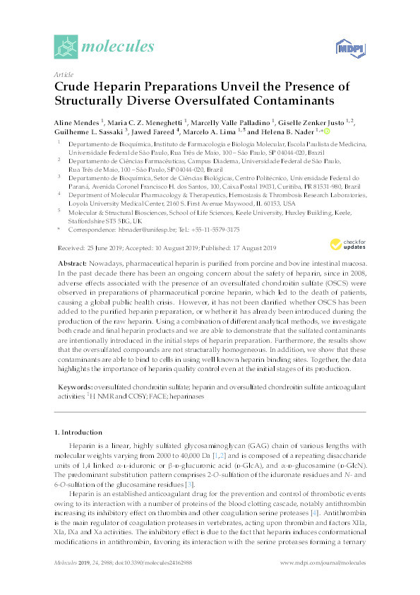 Crude Heparin Preparations Unveil the Presence of Structurally Diverse Oversulfated Contaminants Thumbnail