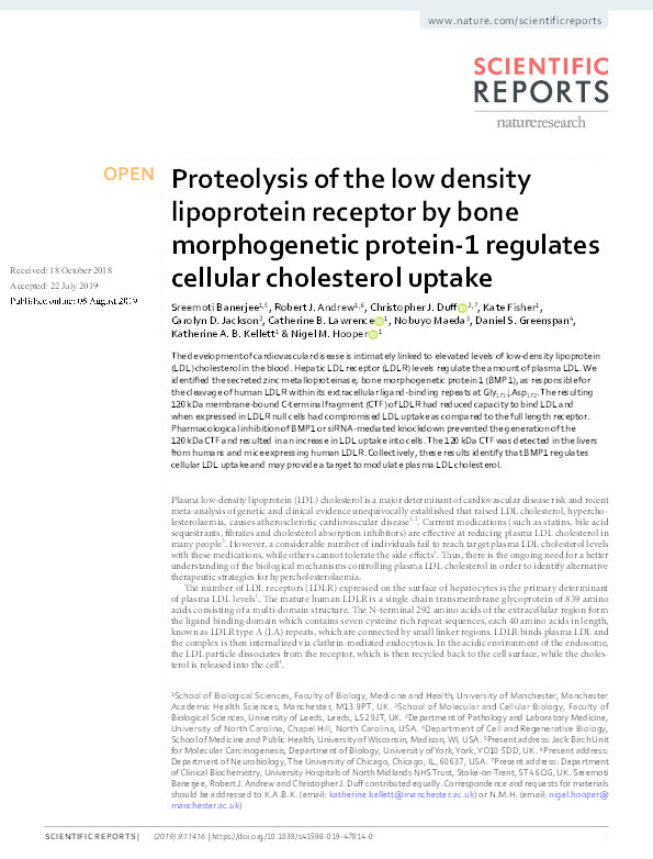 Proteolysis of the low density lipoprotein receptor by bone morphogenetic protein-1 regulates cellular cholesterol uptake. Thumbnail