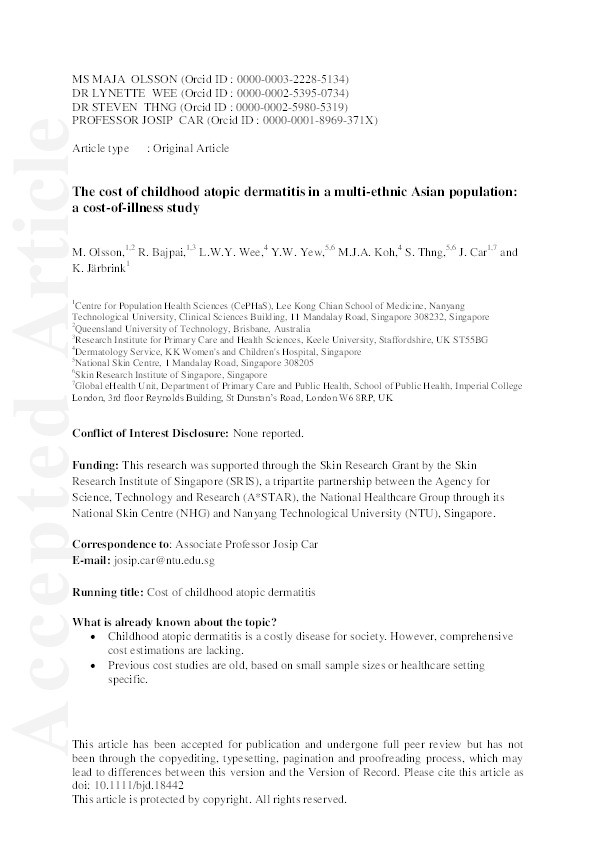 The cost of childhood atopic dermatitis in a multi-ethnic Asian population: a cost-of-illness study Thumbnail