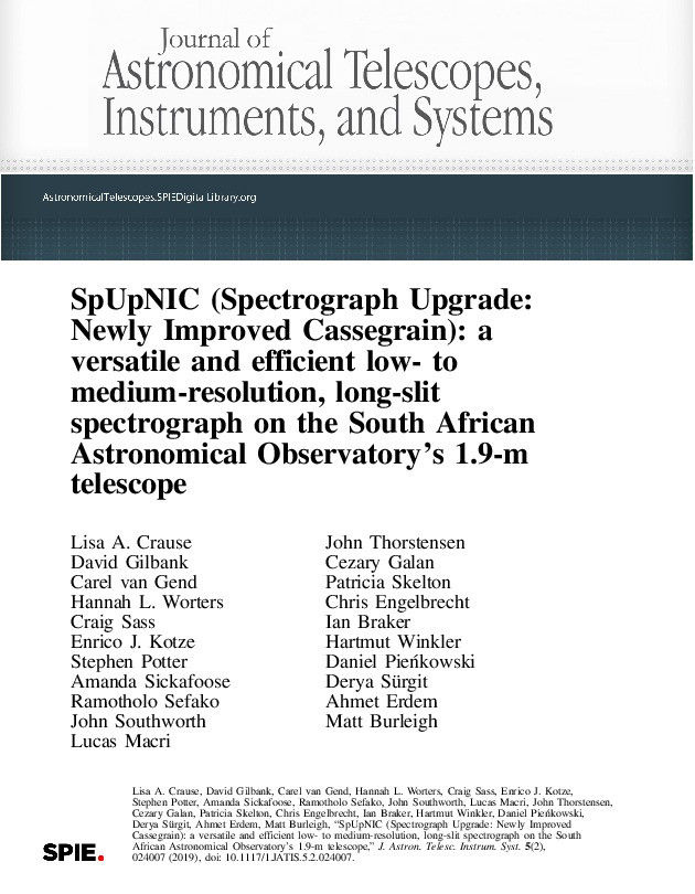 SpUpNIC (Spectrograph Upgrade: Newly Improved Cassegrain): a versatile and efficient low- to medium-resolution, long-slit spectrograph on the South African Astronomical Observatory's 1.9-m telescope Thumbnail