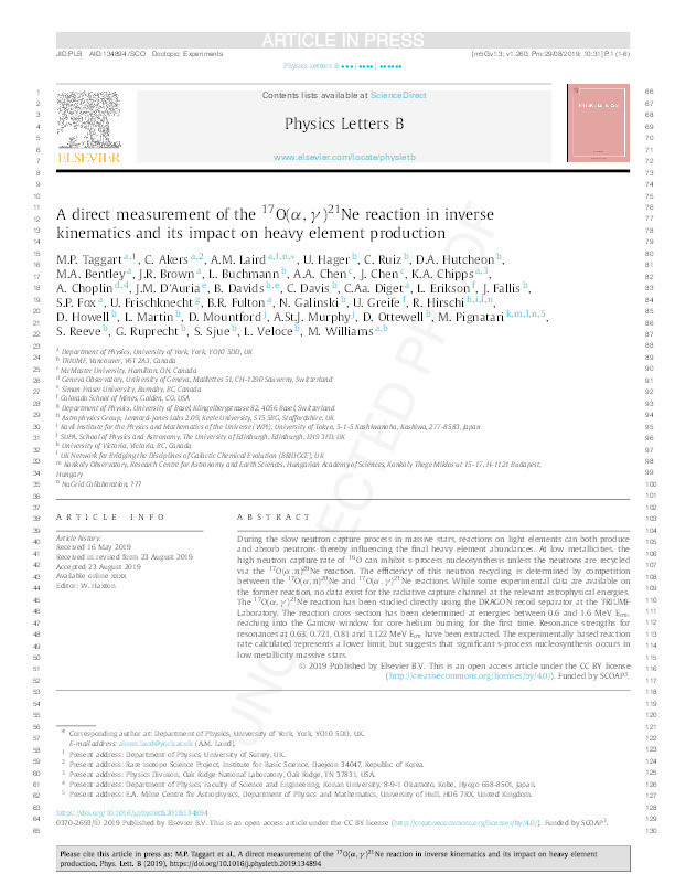 A direct measurement of the 17O(a,?)21Ne reaction in inverse kinematics and its impact on heavy element production Thumbnail