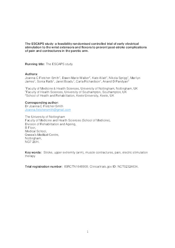 The ESCAPS study: a feasibility randomized controlled trial of early electrical stimulation to the wrist extensors and flexors to prevent post-stroke complications of pain and contractures in the paretic arm. Thumbnail