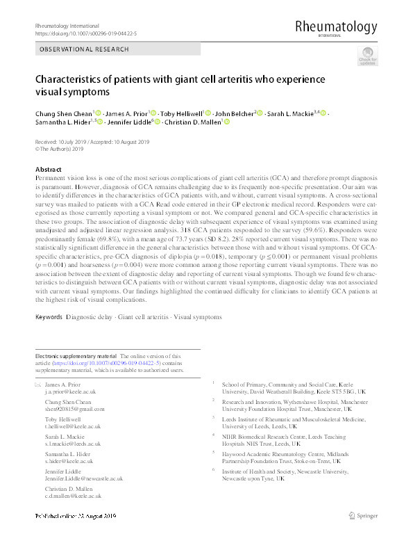 Characteristics of patients with giant cell arteritis who experience visual symptoms Thumbnail