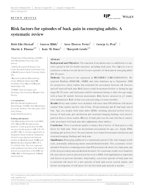 Risk factors for episodes of back pain in emerging adults. A systematic review Thumbnail