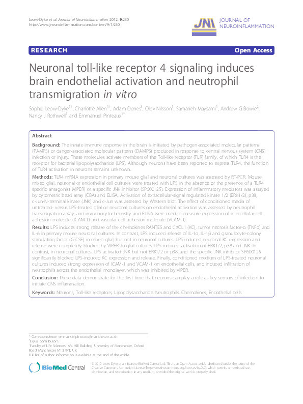 Neuronal Toll-like receptor 4 signaling induces brain endothelial activation and neutrophil transmigration in vitro. Thumbnail