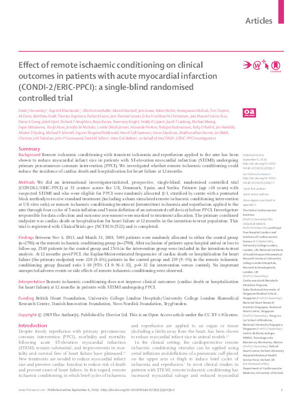Effect of remote ischaemic conditioning on clinical outcomes in patients with acute myocardial infarction (CONDI-2/ERIC-PPCI): a single-blind randomised controlled trial Thumbnail