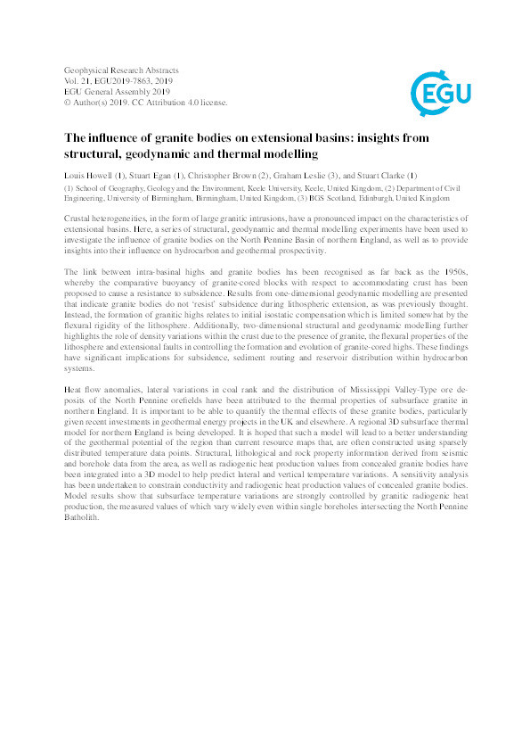 The influence of granite bodies on extensional basins: insights from structural, geodynamic and thermal modelling. Thumbnail