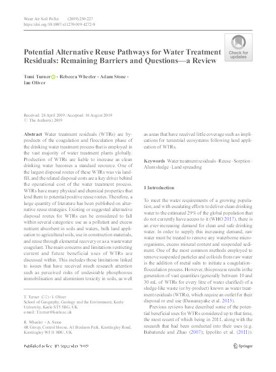 Potential Alternative Reuse Pathways for Water Treatment Residuals: Remaining Barriers and Questions—a Review Thumbnail