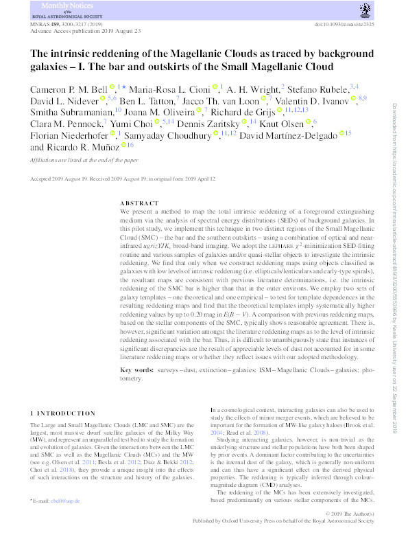 The intrinsic reddening of the Magellanic Clouds as traced by background galaxies – I. The bar and outskirts of the Small Magellanic Cloud Thumbnail